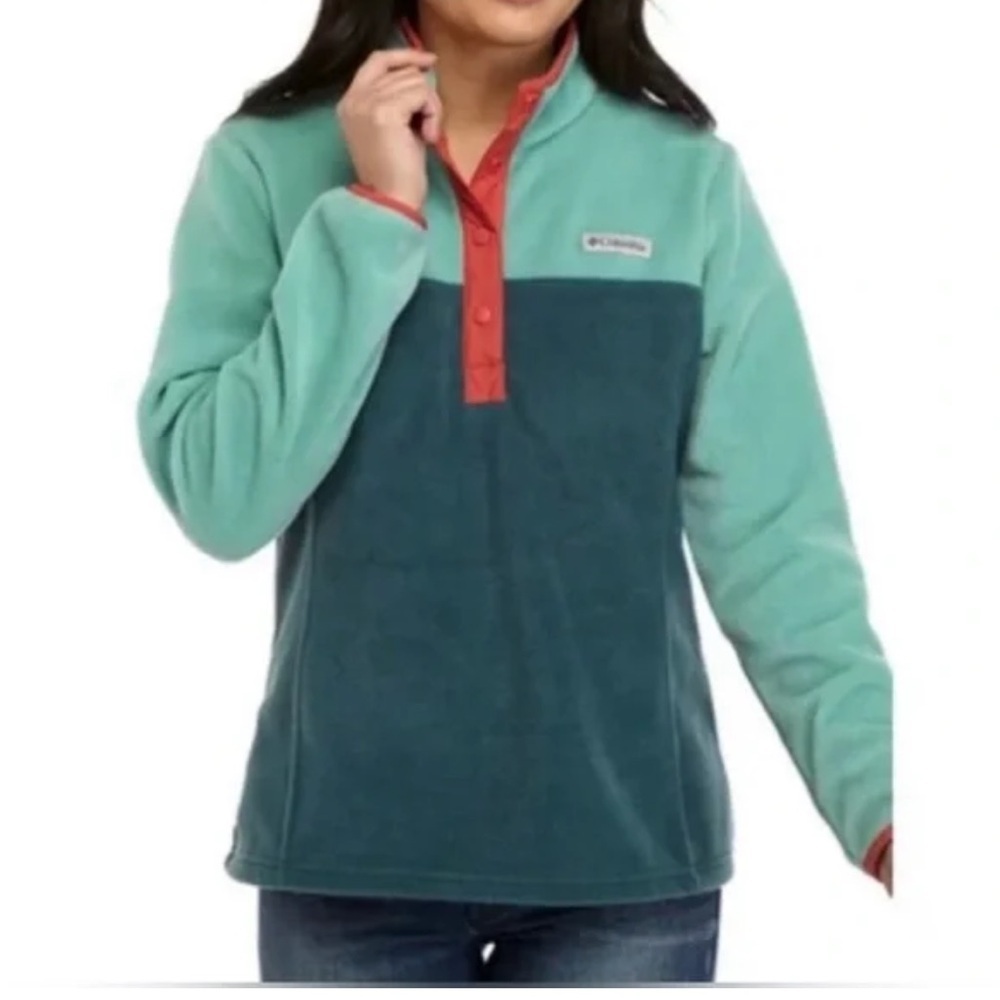 Columbia Two-Tone Fleece Pullover in Teal and Coral, size Medium